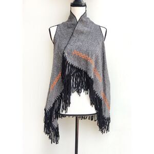 Summer Romero Convertible Fringe Vest/Shawl One Size Gray Black Embroidered